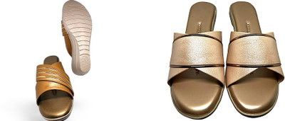 PMS Women Wedges(Gold, Beige , 5)