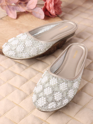 ANOUK Ethnic Embroidred Jutis and Mule Bellies For Women(Silver , 8)