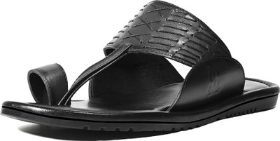 LOUIS STITCH Lightweight Open Toe Kohlapuri Style Leather Men Sandals(Black , 8)