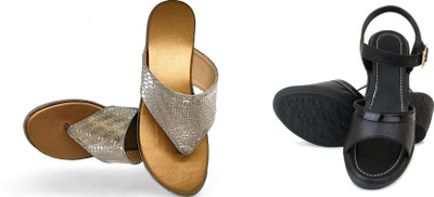 PMS Women Wedges(Black, Gold , 7)