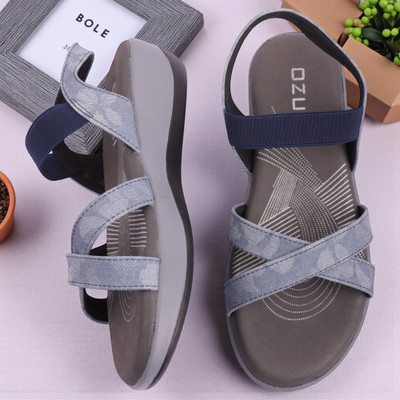 OZURI Women Wedges(Blue, Brown , 8)