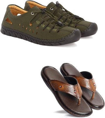 Walkivo Men Sandals(Green, Tan , 7)