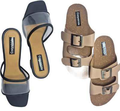 Cozystride Women Heels(Beige, Black , 6)