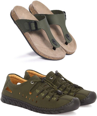 Walkivo Men Sandals(Green, Beige , 9)