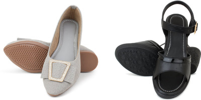 PMS Women Wedges(Black, Grey , 7)