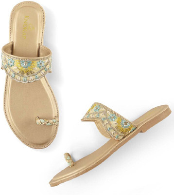 KNOKAP Embroidered Slipon Ethnic Flat Sandals | Toe-Ring Festive and Fashion Chappals Women Flats(Gold , 6)