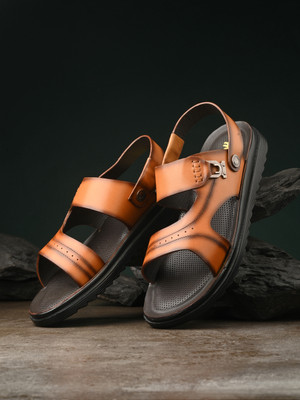 Hitz Tan Leather Open Toe Slip-On Slippers Men Sandals(Tan , 11)