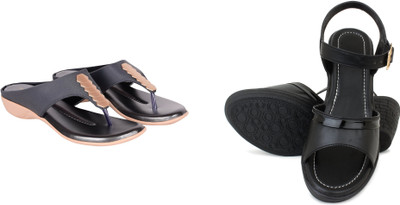 PMS Women Wedges(Black, Grey , 6)