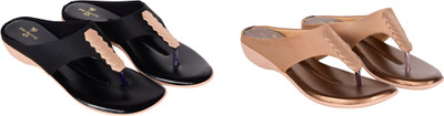 PMS Women Wedges(Black, Brown , 4)