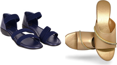 PMS Women Wedges(Blue, Beige , 6)