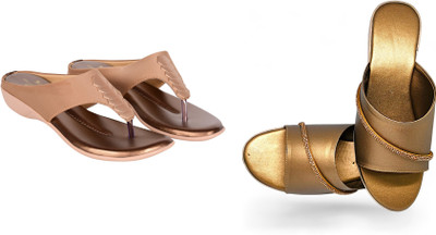 PMS Women Wedges(Brown, Gold , 4)