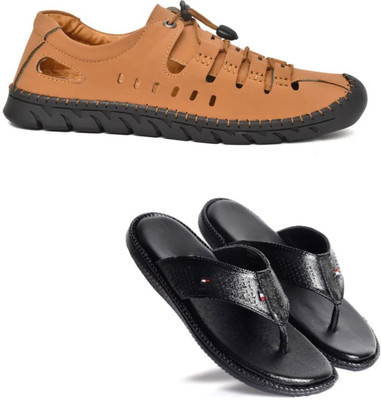 Walkivo Men Sandals(Tan, Black , 9)