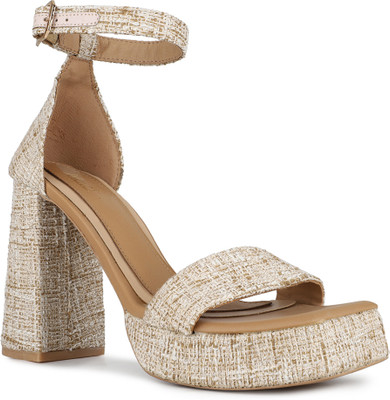 Inc.5 Party Wear Embellished Round Toe Platform Heel Sandals Women Heels(Beige , 5)