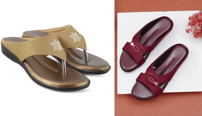 hunyza footwear Women Flats(Gold, Maroon , 8)