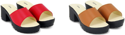 Todhwear Women Heels(Red, Tan , 8)