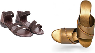 PMS Women Wedges(Brown, Gold , 4)