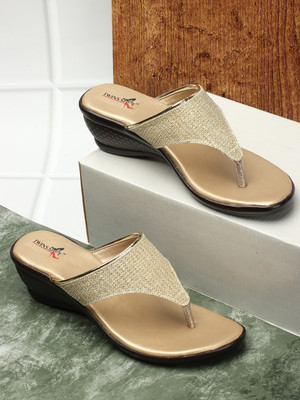 SHOETAG Women Wedges(Gold, Beige , 7)