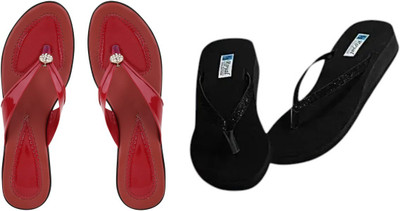 Komfy Women Heels(Red, Black , 7)