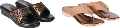 PMS Women Wedges(Brown, Gold , 4)