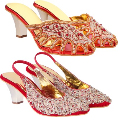 Zionk Women Heels(Red, Gold , 14)