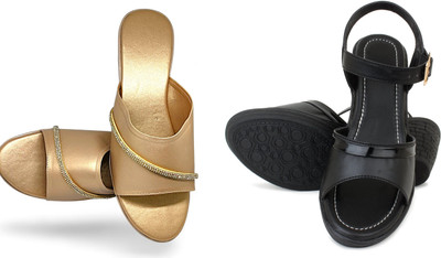 PMS Women Wedges(Black, Beige , 6)