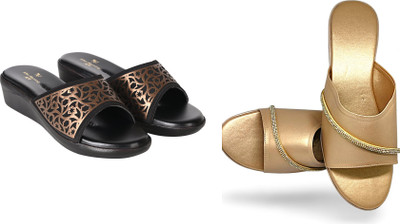 PMS Women Wedges(Gold, Beige , 3)