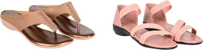PMS Women Wedges(Brown, Orange , 4)