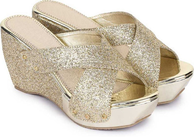 LooksFootwear Women Wedges(Gold , 3)