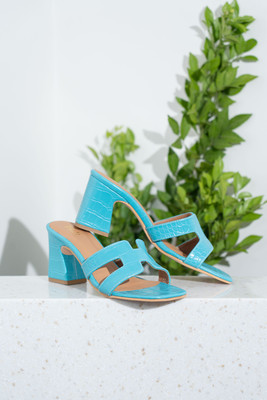 Inc.5 Party Wear Solid Square Toe Mules Women Heels(Blue , 7)