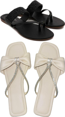 XiZUii Women Flats(Black, Off White , 6)