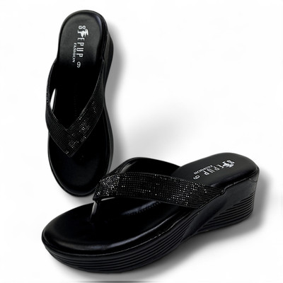 Stepup fashion Women Wedges(Black , 4)