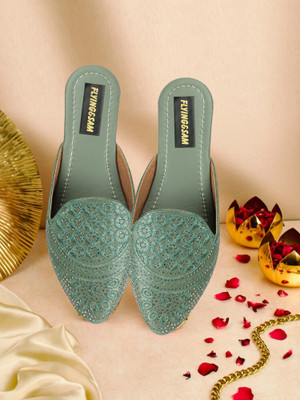 FLYING&SAM Women Flats(Green , 6)