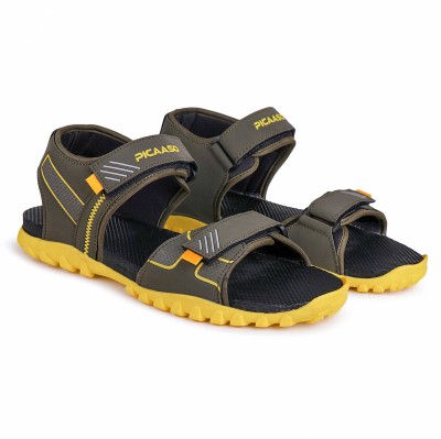 Picaaso Men Sports Sandals(Olive, Yellow , 10)