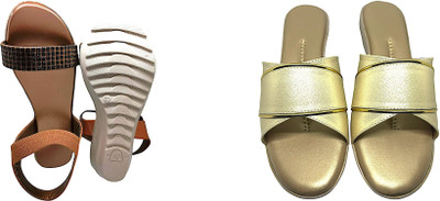 PMS Women Wedges(Beige, Gold , 6)