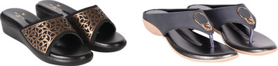 PMS Women Wedges(Grey, Gold , 7)