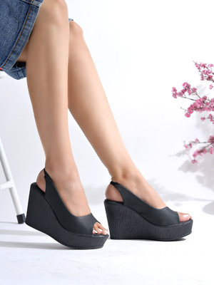 SHOETOPIA Women Wedges(Black , 5)