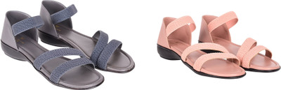 PMS Women Wedges(Grey, Orange , 6)