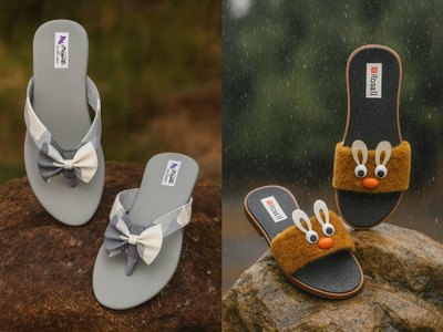 Geeta Women Flip Flops(Grey, Brown , 5)
