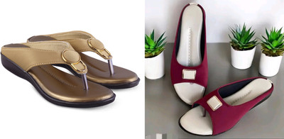 hunyza footwear Women Flats(Gold, Maroon , 8)