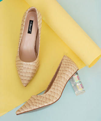 SHERRIF Beige Block Pumps Women Heels(Beige , 8)