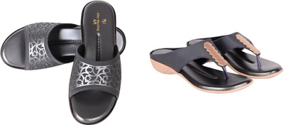 PMS Women Wedges(Grey, Black , 6)
