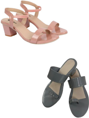 Goraiya Women Heels(Pink, Grey , 4)
