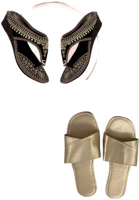 Goraiya Women Flats(Gold, Blue , 6)