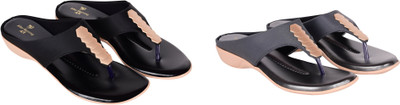 PMS Women Wedges(Black, Grey , 6)