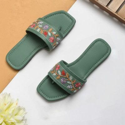 Feetway Women�s Ethnic Embroidered Slip-On Slippers Slider. Stylish Flat Sandals Women Flats(Green , 9)