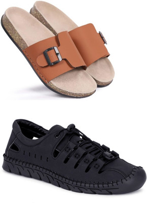 Walkivo Men Sandals(Tan, Black , 10)
