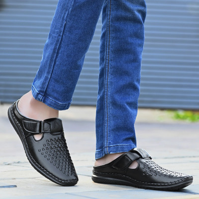 Rising Wolf Comfortable Outdoor Regular Use Synthetic Leather Velcro Casual For Men Men Sandals(Black , 10)