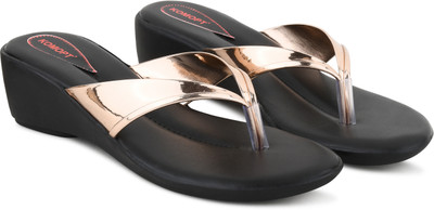Komfy Women Wedges(Black, Gold , 8)