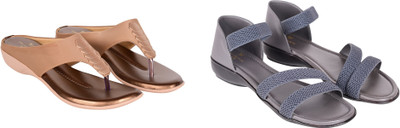 PMS Women Wedges(Brown, Grey , 4)