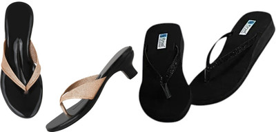 Komfy Women Heels(Black, Gold , 4)